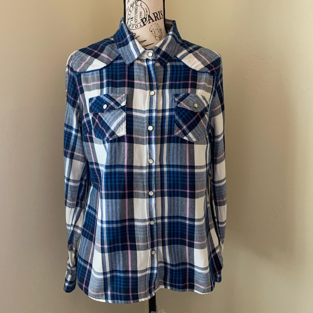 Mossimo Pink/Blue Plaid Flannel pearl snaps szL
